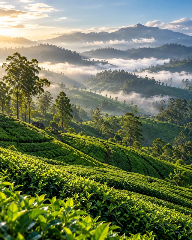 Misty tea country landscape near Nuwara Eliya
